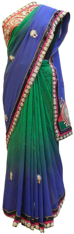 Green & Blue Designer Georgette (Viscos) Hand Embroidery Work Saree Sari