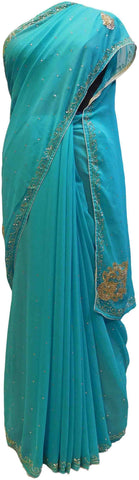 Blue Designer Georgette Hand Embroidery Work Saree Sari