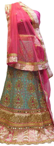 Sea Green & Pink Designer Raw Silk Bridal Hand Embroidery Work Lahenga With Net Dupatta & Raw Silk Blouse