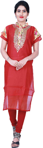 SMSAREE Red & Yellow Designer Casual Partywear Cotton (Chanderi) With Floral Printed Raw Silk Zari & Gota Hand Embroidery Work Stylish Women Kurti Kurta With Free Matching Leggings A213