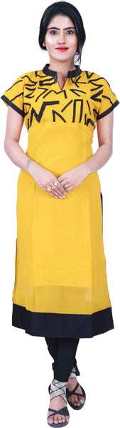SMSAREE Yellow & Black Designer Casual Partywear Geogette Viscos Applick Hand Embroidery Work Stylish Women Kurti Kurta With Free Matching Leggings A729