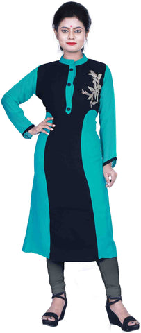 SMSAREE Turquoise & Black Designer Casual Partywear Geogette Viscos Zari & Thread Hand Embroidery Work Stylish Women Kurti Kurta With Free Matching Leggings A874