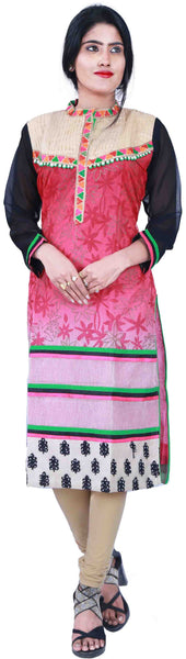 SMSAREE Pink & Black Designer Casual Partywear Cotton With Geogette (Viscos Sleeves) Beads & Thread Hand Embroidery Work Stylish Women Kurti Kurta With Free Matching Leggings B132