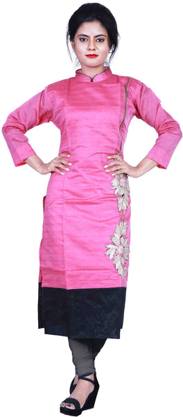 SMSAREE Pink & Black Designer Casual Partywear Cotton (Chanderi) Thread Hand Embroidery Work Stylish Women Kurti Kurta With Free Matching Leggings B187