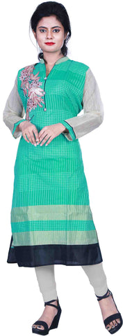 SMSAREE Turquoise & Beige Designer Casual Partywear Cotton (Chanderi) Thread & Gota Hand Embroidery Work Stylish Women Kurti Kurta With Free Matching Leggings B358