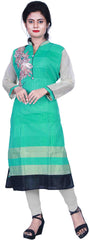 SMSAREE Turquoise & Beige Designer Casual Partywear Cotton (Chanderi) Thread & Gota Hand Embroidery Work Stylish Women Kurti Kurta With Free Matching Leggings B358