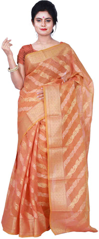 SMSAREE Orange Designer Wedding Partywear Hand Weaven Pure Banarasi Self Weaved Zari & Thread Hand Embroidery Work Bridal Saree Sari With Blouse Piece BH112B