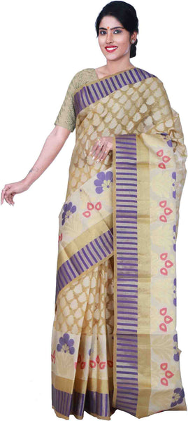 SMSAREE Beige Designer Wedding Partywear Hand Weaven Pure Banarasi Self Weaved Zari & Thread Hand Embroidery Work Bridal Saree Sari With Blouse Piece BH14B