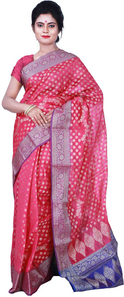 SMSAREE Pink & Blue Designer Wedding Partywear Hand Weaven Pure Banarasi Self Weaved Zari & Thread Hand Embroidery Work Bridal Saree Sari With Blouse Piece BH3B