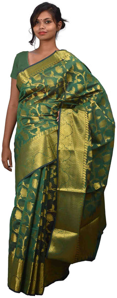 SMSAREE Green Designer Wedding Partywear Hand Weaven Pure Banarasi Self Weaved Zari & Thread Hand Embroidery Work Bridal Saree Sari With Blouse Piece BH5G