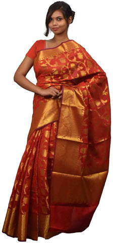 SMSAREE Red Designer Wedding Partywear Hand Weaven Pure Banarasi Self Weaved Zari & Thread Hand Embroidery Work Bridal Saree Sari With Blouse Piece BH5H
