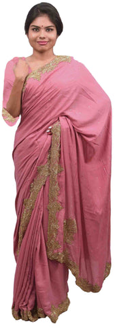 Pink Designer PartyWear Silk Beads Bullion Cutdana Stone Hand Embroidery Work Saree Sari