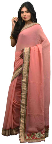 Pink Designer Georgette (Viscos) Hand Embroidery Zari Sequence Thread Work Saree Sari AKC623