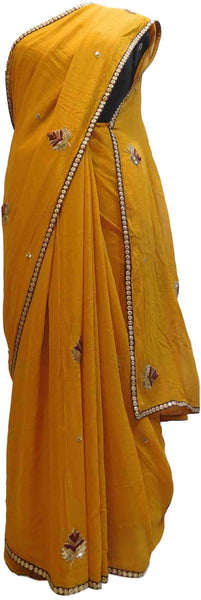 Yellow Designer PartyWear Georgette (Viscos) Zari Thread Sequence Cutdana Beads Work Saree Sari