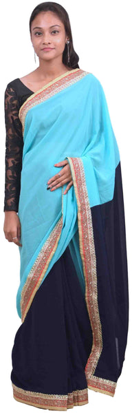 Turquoise & Blue Designer PartyWear Georgette Stone Zari Work Saree Sari