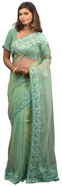 Turquoise Designer Wedding Partywear Net Thread Sequence Stone Hand Embroidery Work Border Bridal Saree Sari AKC942