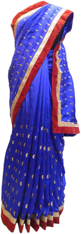 Blue Designer PartyWear Silk Zari Hand Embroidery Work Saree Sari With Red Velvet Taping