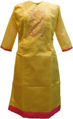 Yellow Designer Cotton (Chanderi) Thread Embroidery Stone Work Kurti Kurta