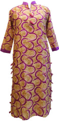 Yellow & Wine Designer Pure Cotton Hand Brush Printed Gown Style Kurti Kurta D289
