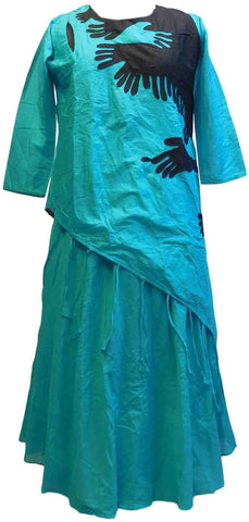 SMSAREE Turquoise & Black Designer Casual Partywear Pure Satin Cotton Applick Hand Embroidery Work Stylish Women Kurti Kurta With Free Matching Leggings D292