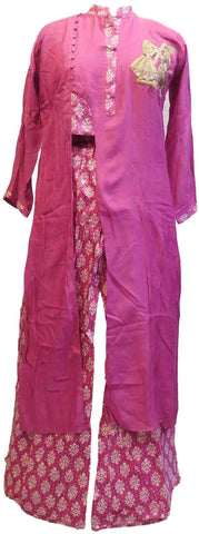 SMSAREE Pink Designer Casual Partywear Satin Silk Kurti & Printed Cotton Plazo Zari Sequence & Thread Hand Embroidery Work Stylish Women Kurti Kurta With Free Matching Leggings D296