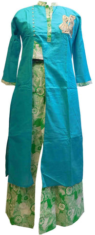 Turquoise Designer Silk (Muslin) Hand Embroidery Thread Zari Sequence Work Butique Style Kurti Kurta With Matching Plazo D297