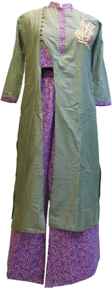 Green Designer Silk (Muslin) Hand Embroidery Thread Zari Sequence Work Butique Style Kurti Kurta With Matching Plazo D303