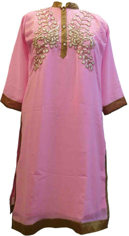 SMSAREE Baby-Pink Designer Casual Partywear Georgette Beads & Thread Hand Embroidery Work Stylish Women Kurti Kurta With Free Matching Leggings D312