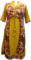 Yellow & Wine Designer Silk (Rayon) Printed Butique Style Jacket Kurti Kurta D315