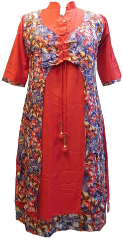 Red & Blue Designer Silk (Rayon) Printed Butique Style Jacket Kurti Kurta D318