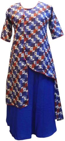Blue Red & White Designer Silk (Rayon) Printed Butique Style Jacket Kurti Kurta D323