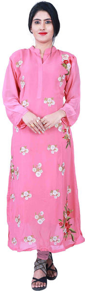 SMSAREE Pink Designer Casual Partywear Geogette Viscos Thread Hand Embroidery Work Stylish Women Kurti Kurta With Free Matching Leggings D335