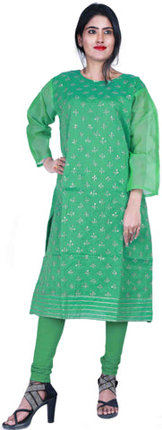SMSAREE Green Designer Casual Partywear Muslin Silk Zari & Sequence Hand Embroidery Work Stylish Women Kurti Kurta With Free Matching Leggings D359