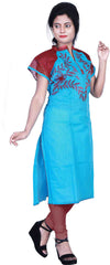SMSAREE Blue & Red Designer Casual Partywear Cotton (Chanderi) Thread Hand Embroidery Work Stylish Women Kurti Kurta With Free Matching Leggings D363