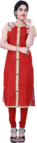 SMSAREE Red & Beige Designer Casual Partywear Cotton (Chanderi) & Georgette Sleeves Thread & Pearl Hand Embroidery Work Stylish Women Kurti Kurta With Free Matching Leggings D364