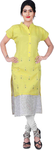 SMSAREE Yellow Designer Casual Partywear Pure Cotton Thread & Gota Hand Embroidery Work Stylish Women Kurti Kurta With Free Matching Leggings D514