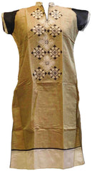 SMSAREE Beige & Black Designer Casual Partywear Cotton (Chanderi) Thread Hand Embroidery Work Stylish Women Kurti Kurta With Free Matching Leggings B387