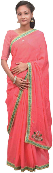 Pink Designer Wedding Partywear Ethnic Bridal Crepe (Chinon) Hand Embroidery Sequence Thread Bullion Zari Stone Work Kolkata Women Saree Sari E269