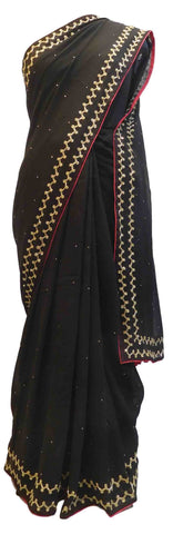 Black Designer PartyWear Georgette (Viscos) Cutdana Thread Stone Hand Embroidery Work Saree Sari