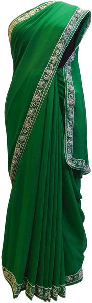 Green Designer Wedding Partywear Georgette Pearl Hand Embroidery Work Bridal Saree Sari E060