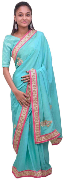 Turquoise Designer Wedding Partywear Crepe (Chinon) Thread Zari Stone Beads Hand Embroidery Work Bridal Saree Sari E079