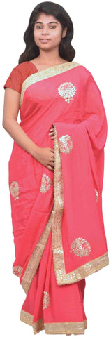 Pink Designer Wedding Partywear Crepe (Chinon) Hand Embroidery Gota Zari Pearl Work Kolkata Saree Sari E146