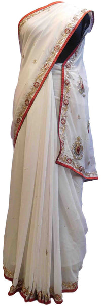 White Designer Wedding Partywear Georgette Hand Embroidery Zari Bullion Stone Thread Work Kolkata Heavy Cutwork Border Saree Sari E236