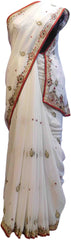 White Designer Wedding Partywear Georgette Hand Embroidery Zari Bullion Stone Thread Work Kolkata Heavy Cutwork Border Saree Sari E239