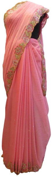 Pink Designer Wedding Partywear Georgette Hand Embroidery Cutdana Stone Beads Work Kolkata Saree Sari E279