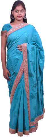 Turquoise Designer Wedding Partywear Ethnic Bridal Pure Crepe Hand Embroidery Cutdana Thread Bullion Stone Beads Work Kolkata Women Saree Sari E285