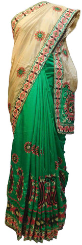 Cream & Green Designer Party Wear Silk Hand Embroidery Thread Work Saree Sari E365