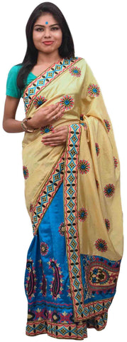 Cream & Blue Designer Party Wear Silk Hand Embroidery Thread Work Saree Sari E369