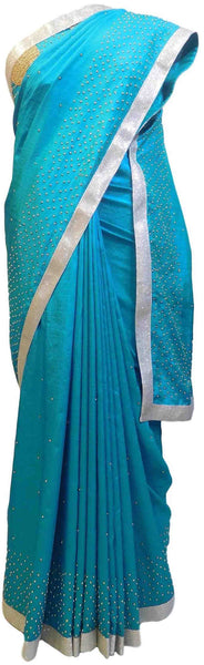Turquoise Designer Party Wear Silk Hand Embroidery Beads Work Saree Sari E371