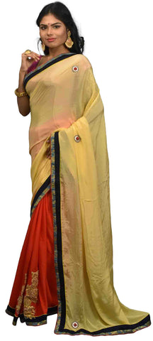 Cream & Red Designer PartyWear Bridal Crepe (Chinon) Beads Zari Thread Stone Pearl Hand Embroidery Work Wedding Saree Sari E376